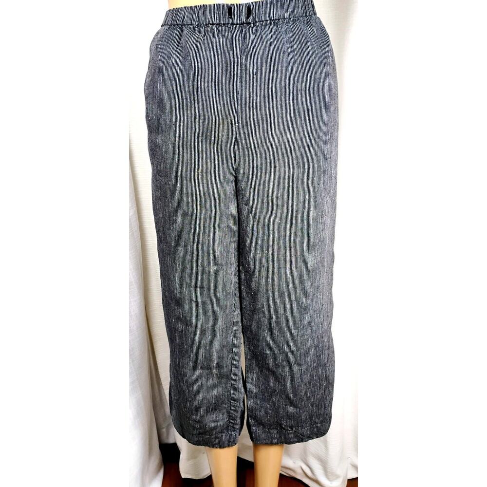 Womens Linen Crop Pants Elastic Waist Pull On Micro Stripe Travel Easy Pants